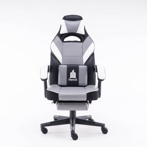 silla gamer ergonómica gris con reposapiés y cojines de soporte lumbar
